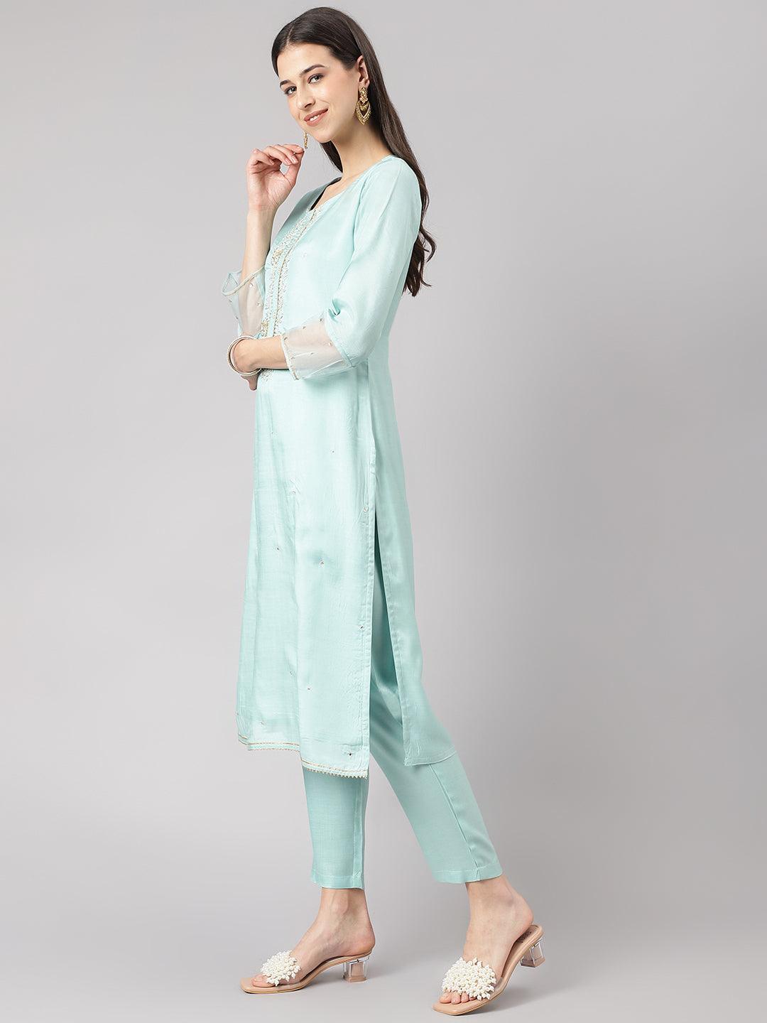 Divena Sea Green Muslin Embroidary Kurta pant Set with Organza Dupatta - divena world-Mohi