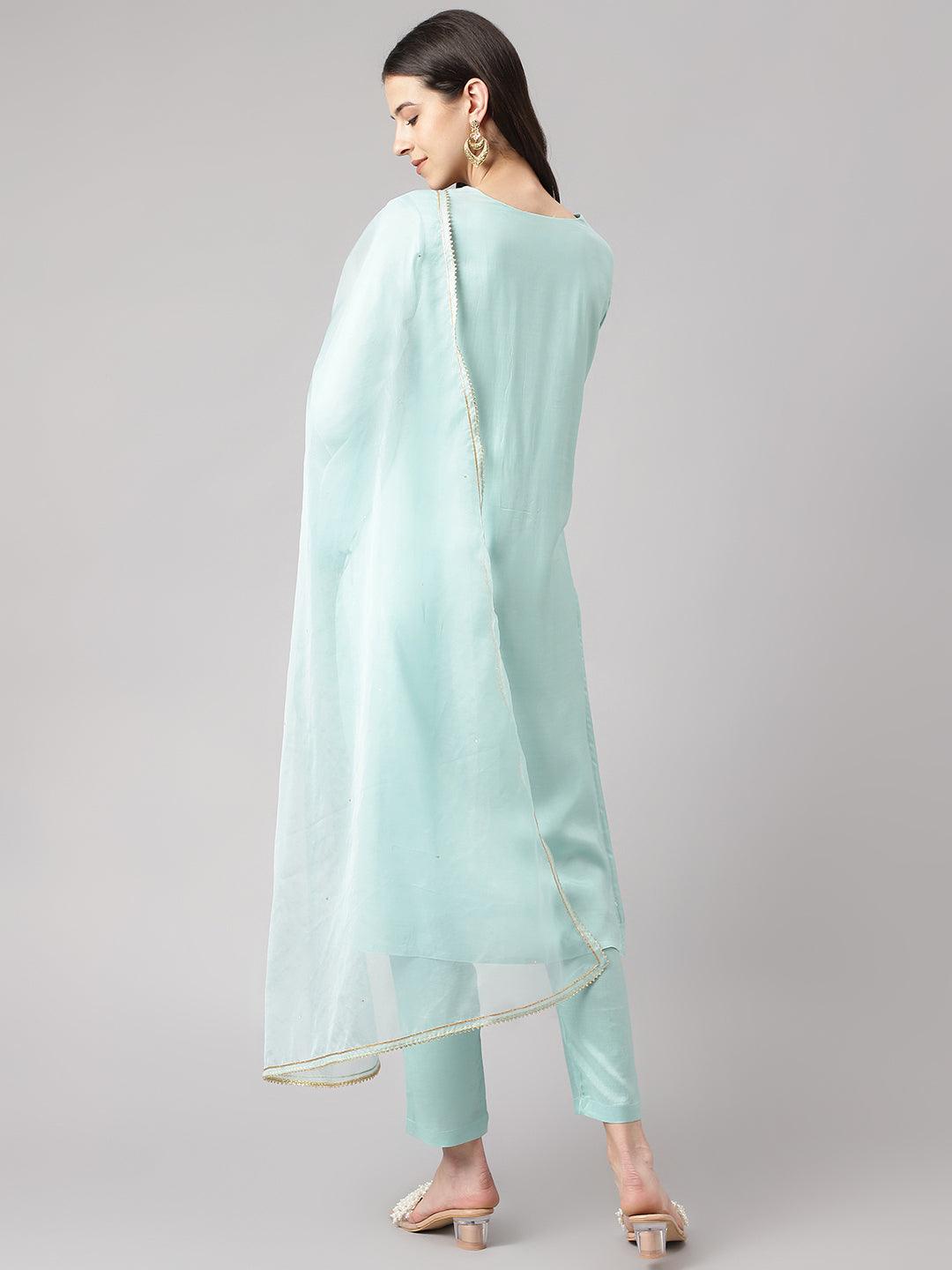 Divena Sea Green Muslin Embroidary Kurta pant Set with Organza Dupatta - divena world-Mohi