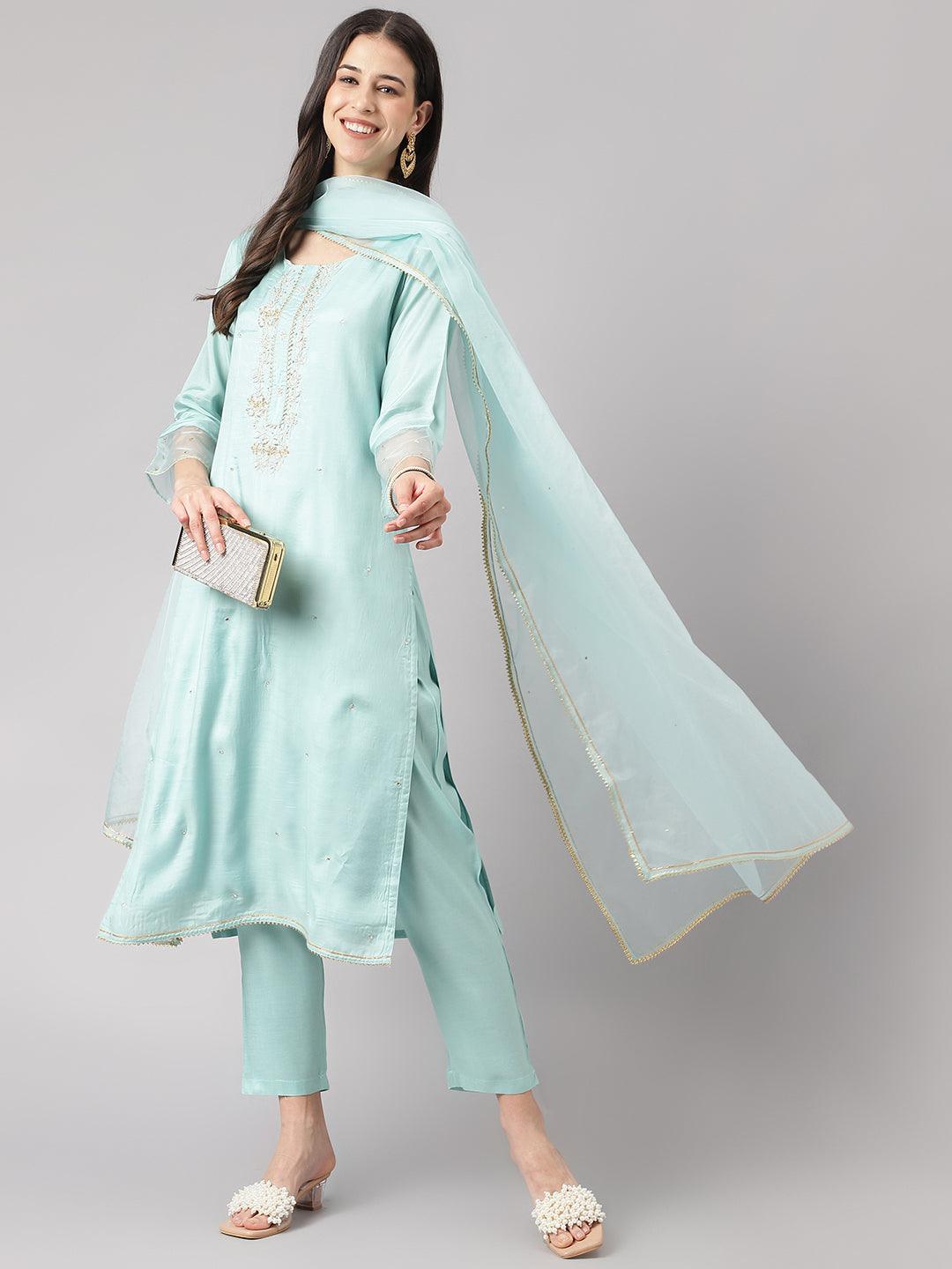 Divena Sea Green Muslin Embroidary Kurta pant Set with Organza Dupatta - divena world-Mohi