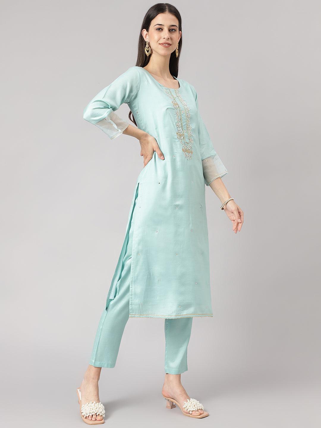 Divena Sea Green Muslin Embroidary Kurta pant Set with Organza Dupatta - divena world-Mohi