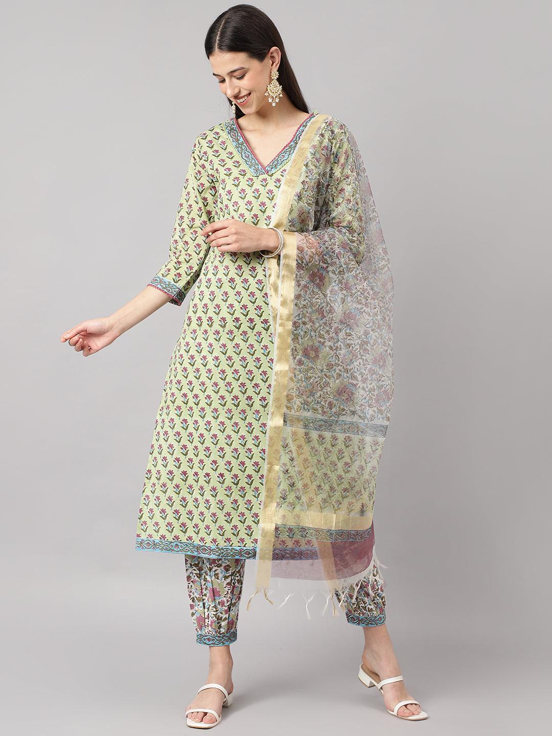 Divena Green and white Cotton Hand Block Printed Kurta Pant set with Dupatta - divena world-Mohi