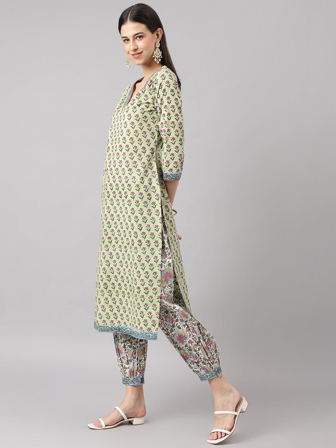 Divena Green and white Cotton Hand Block Printed Kurta Pant set with Dupatta - divena world-Mohi