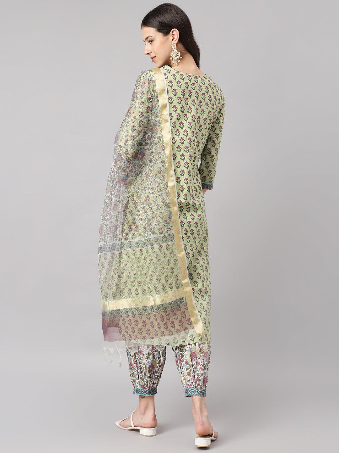 Divena Green and white Cotton Hand Block Printed Kurta Pant set with Dupatta - divena world-Mohi