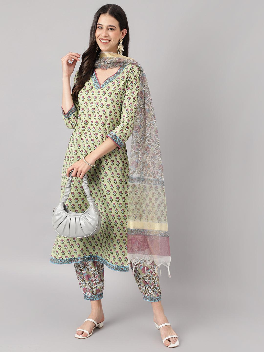 Divena Green and white Cotton Hand Block Printed Kurta Pant set with Dupatta - divena world-Mohi