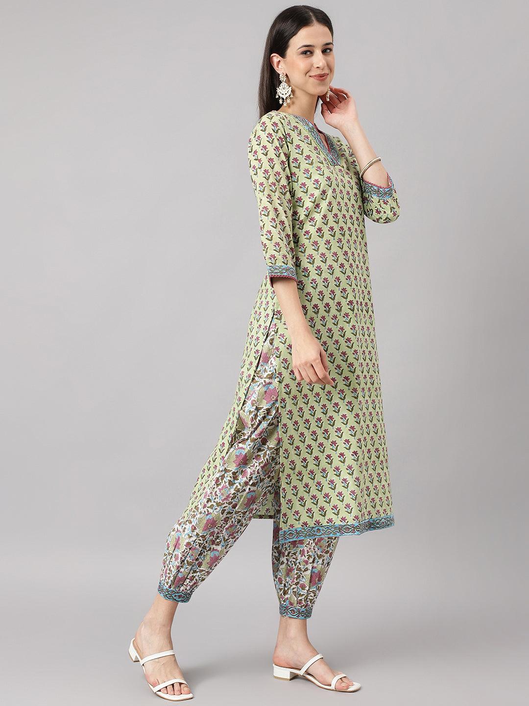 Divena Green and white Cotton Hand Block Printed Kurta Pant set with Dupatta - divena world-Mohi