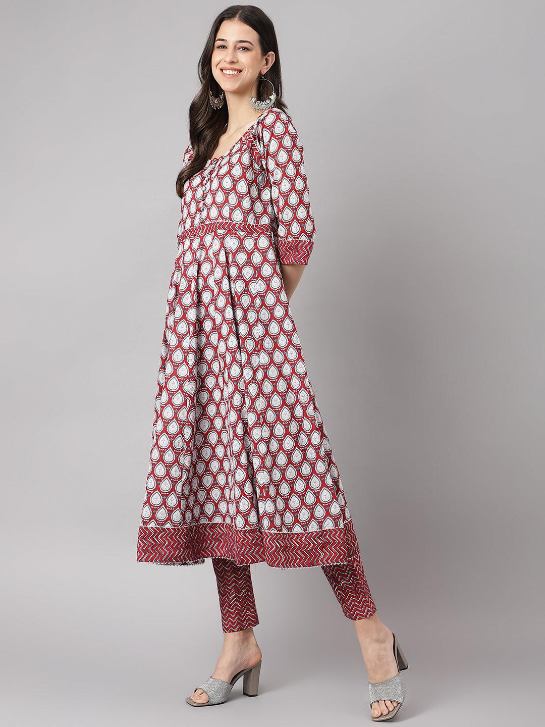 Divena Maroon Cotton Anakali Kurta pant set with Dupatta - divena world-Mohi