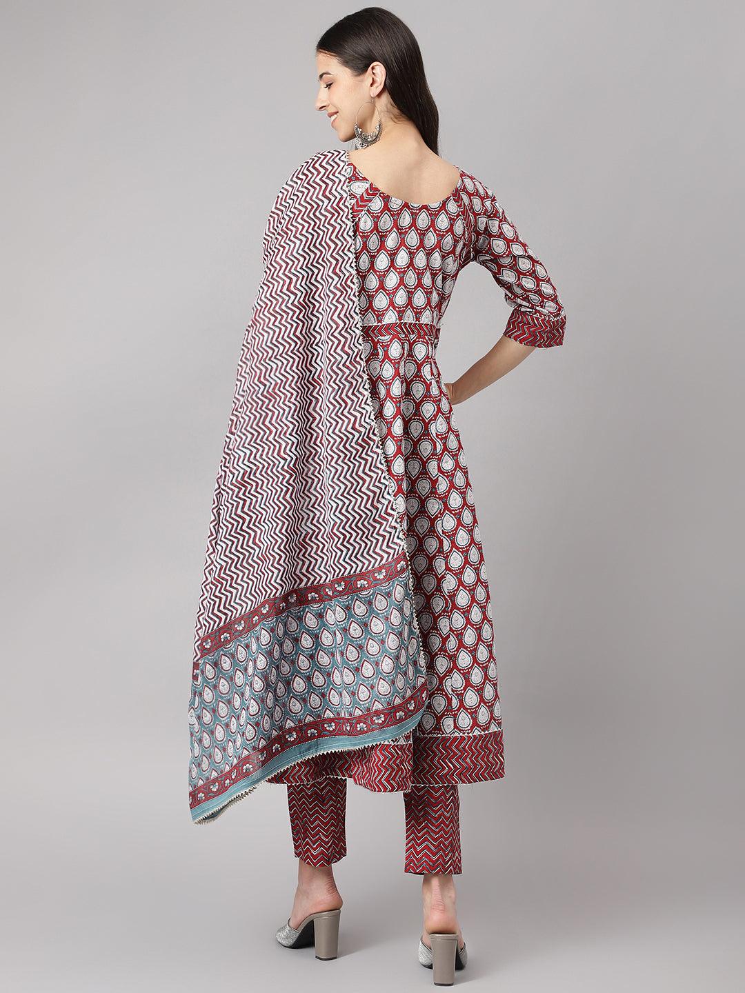 Divena Maroon Cotton Anakali Kurta pant set with Dupatta - divena world-Mohi