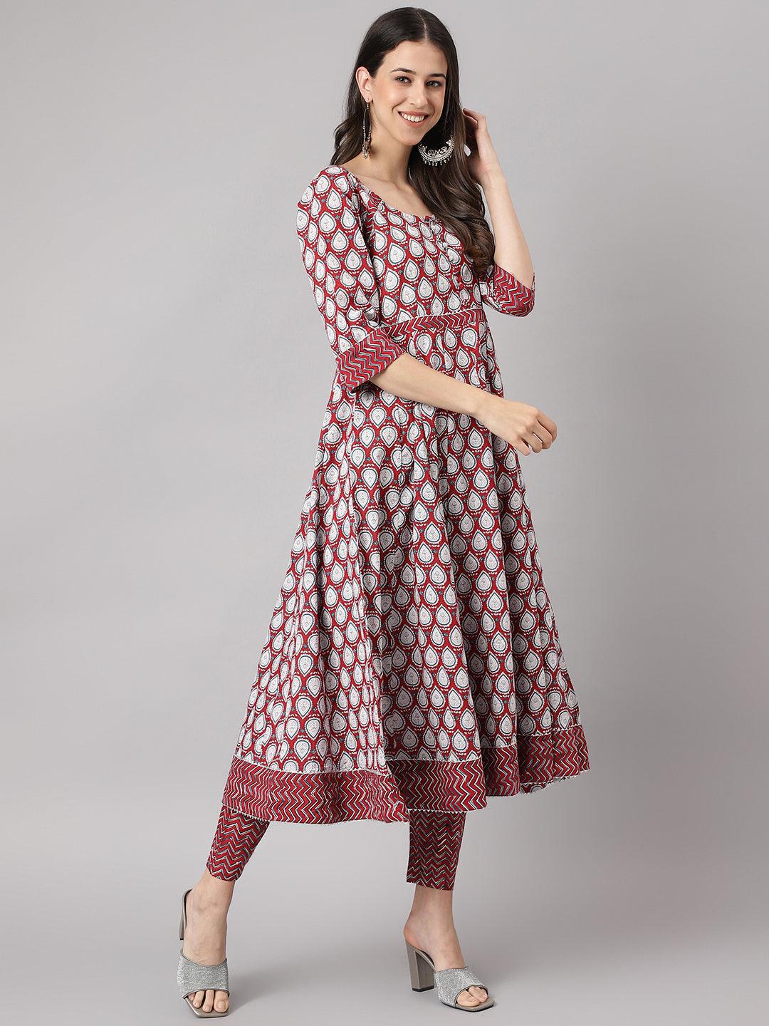 Divena Maroon Cotton Anakali Kurta pant set with Dupatta - divena world-Mohi