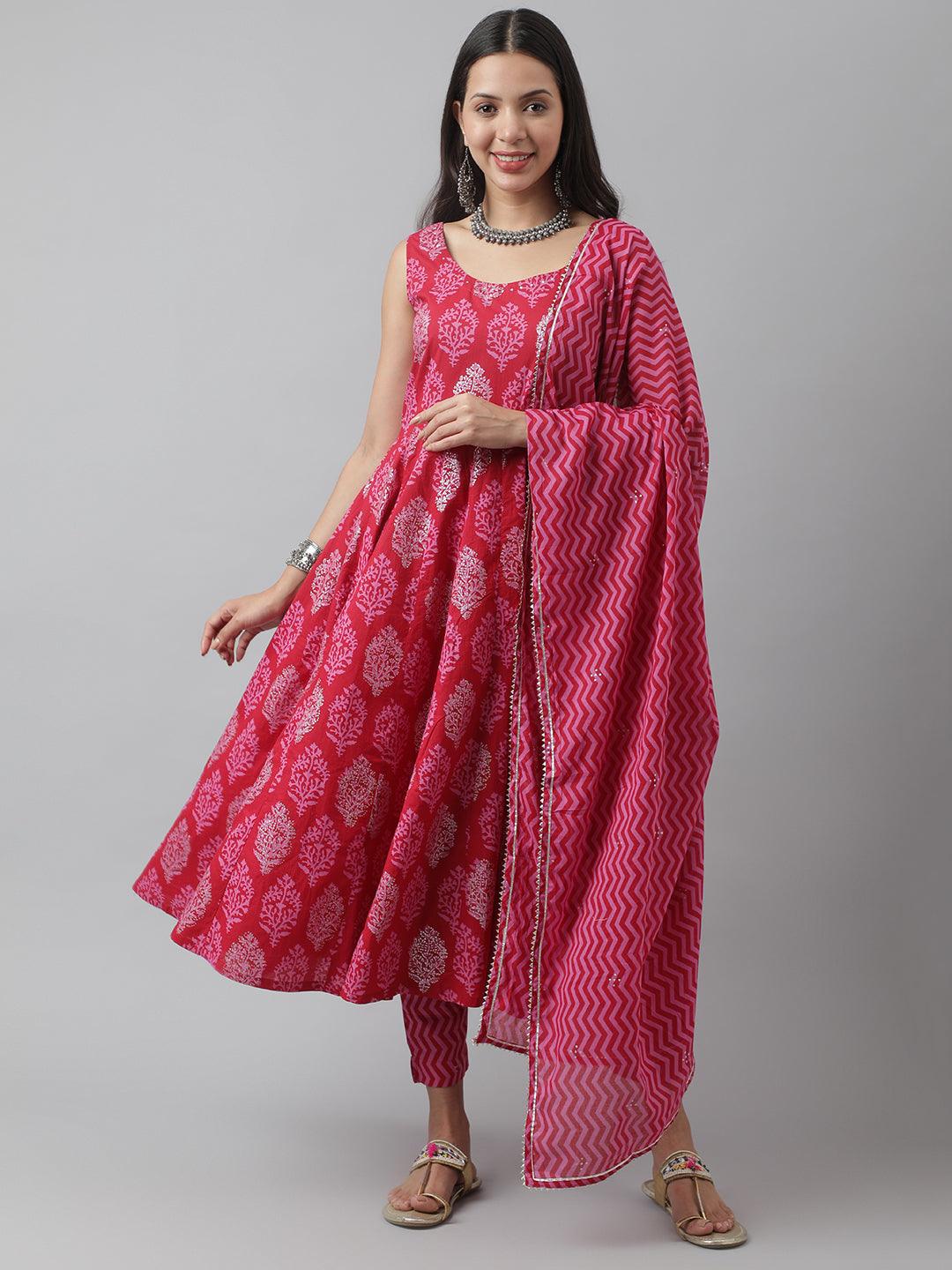 Divena Magenta Floral Cotton Anarkali Kurta Pant Set with Dupatta - divena world-Mohi