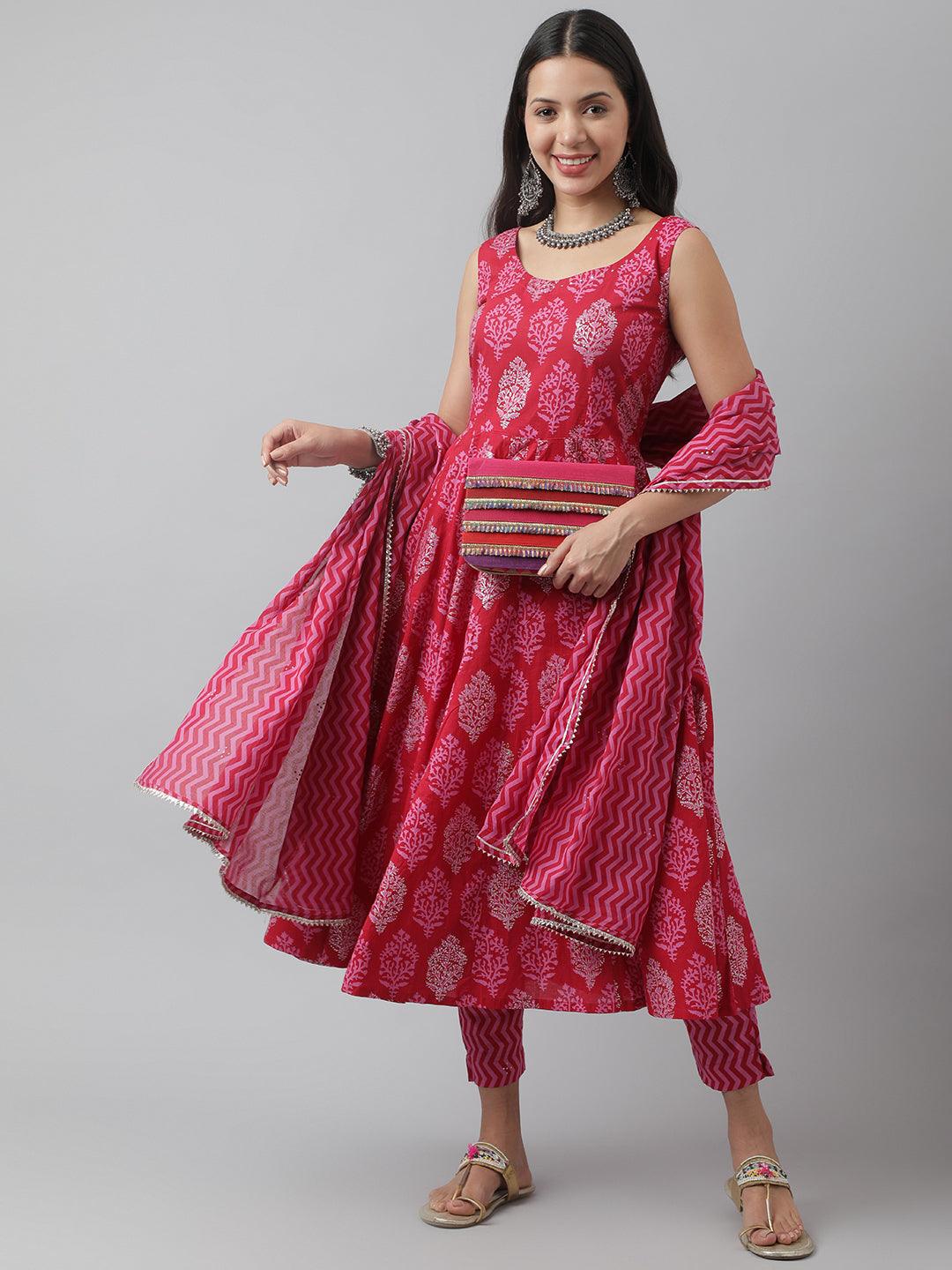 Divena Magenta Floral Cotton Anarkali Kurta Pant Set with Dupatta - divena world-Mohi