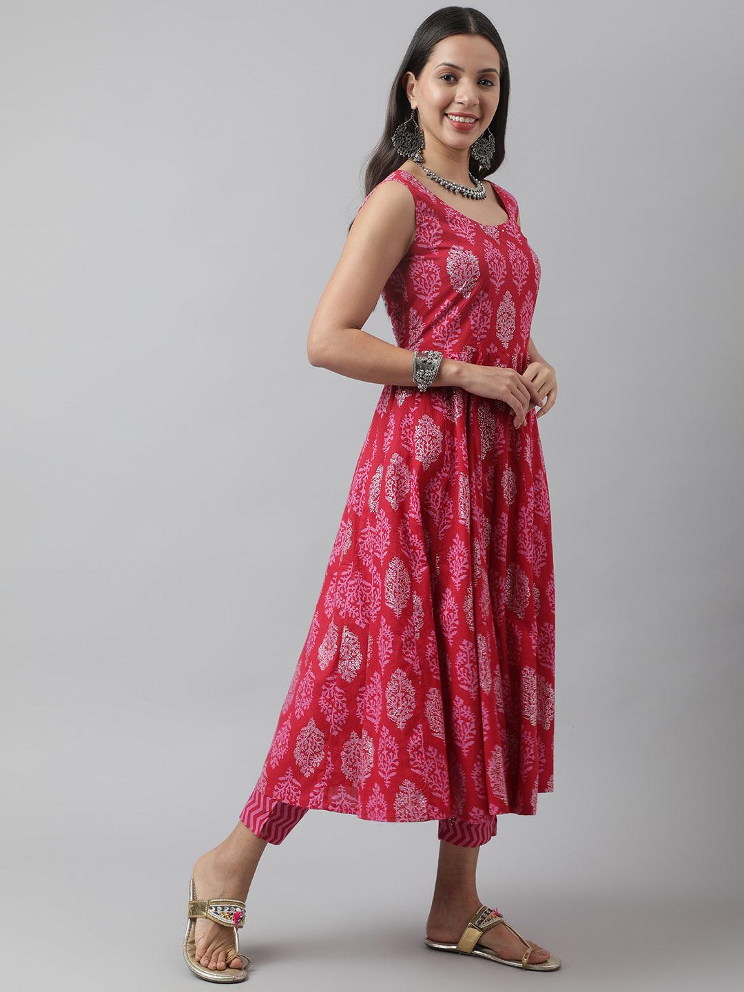 Divena Magenta Floral Cotton Anarkali Kurta Pant Set with Dupatta - divena world-Mohi