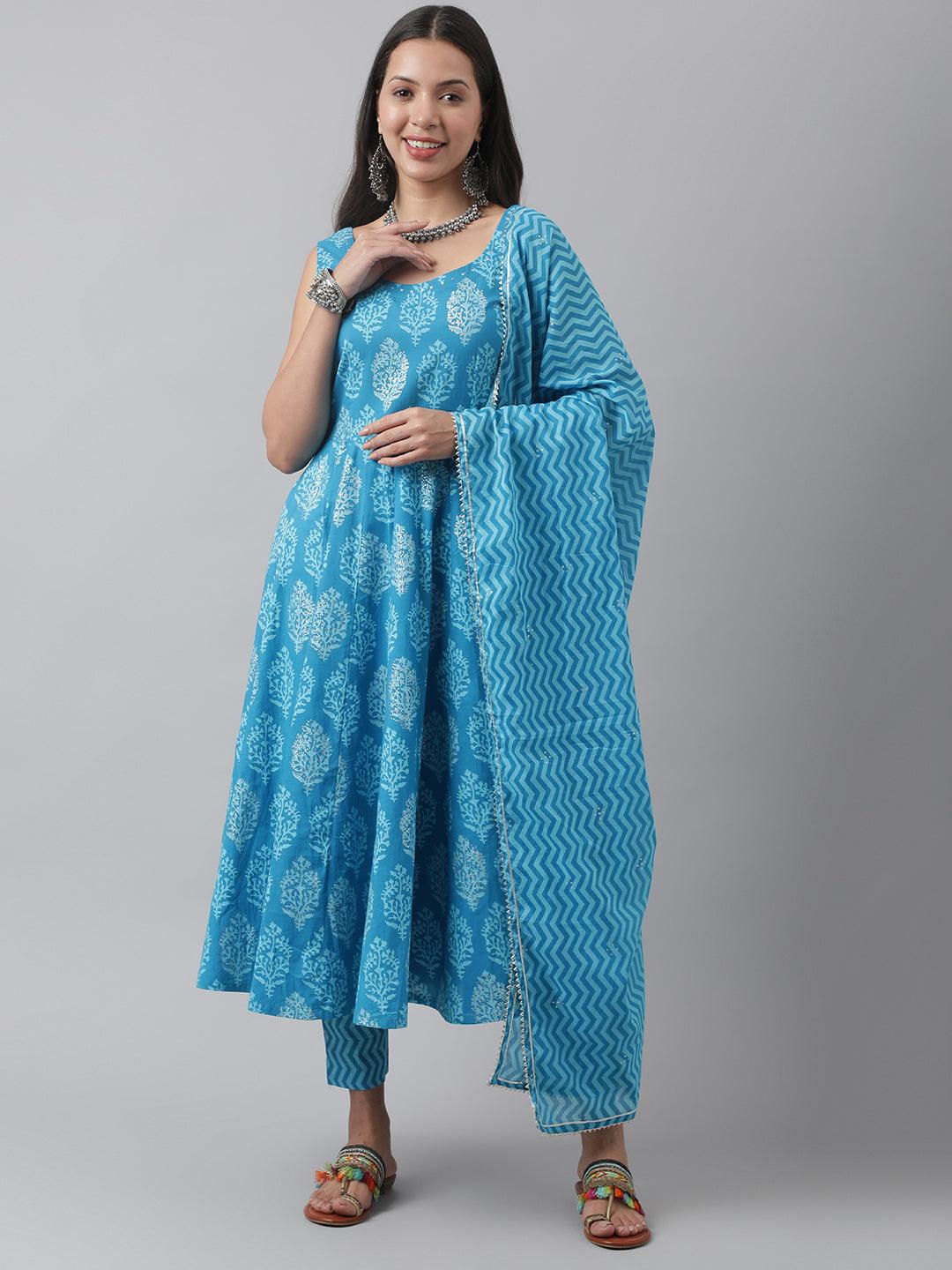 Divena Turquoise Blue Floral Cotton Anarkali Kurta Pant Set with Dupatta - divena world-Mohi