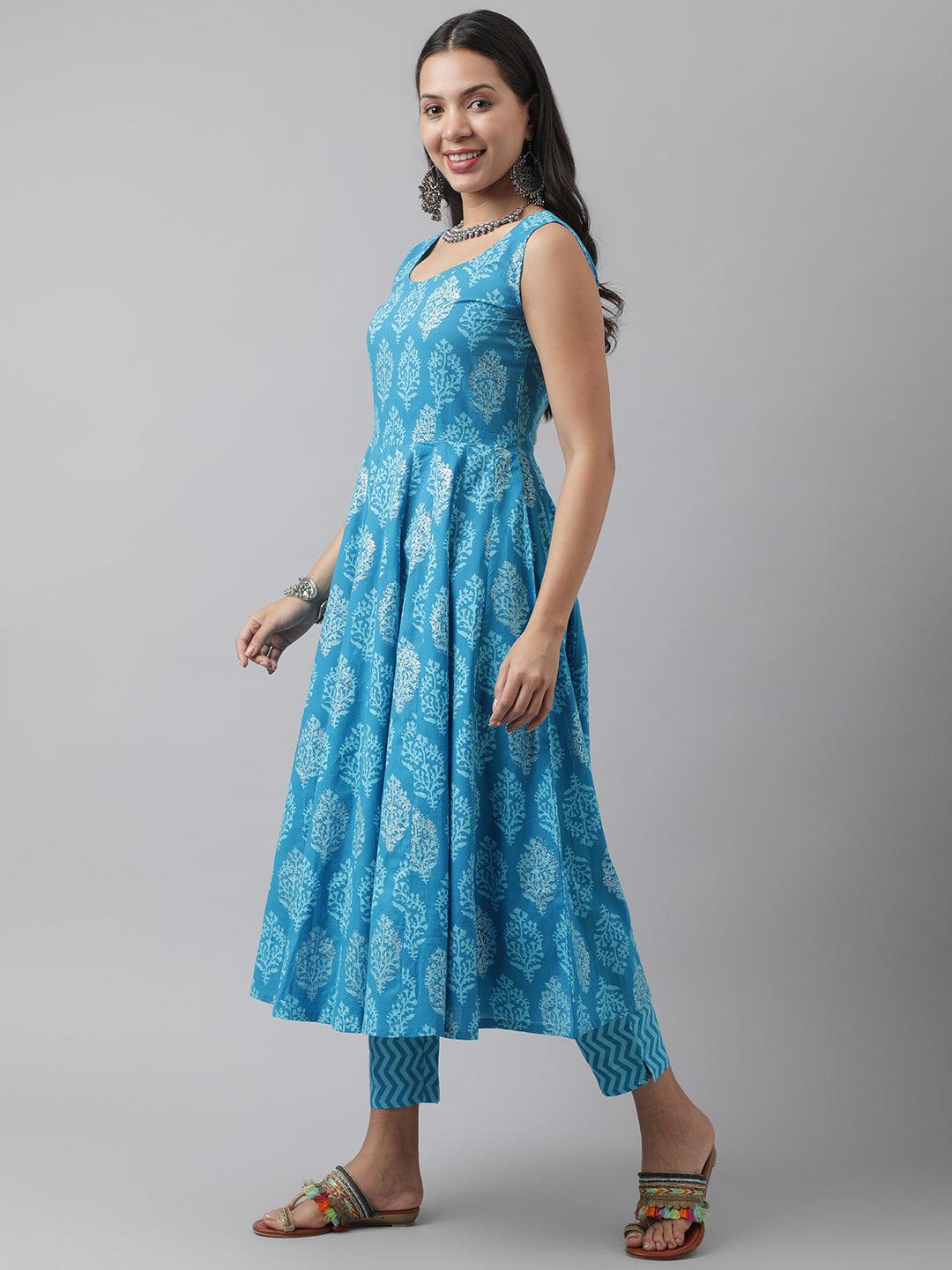 Divena Turquoise Blue Floral Cotton Anarkali Kurta Pant Set with Dupatta - divena world-Mohi