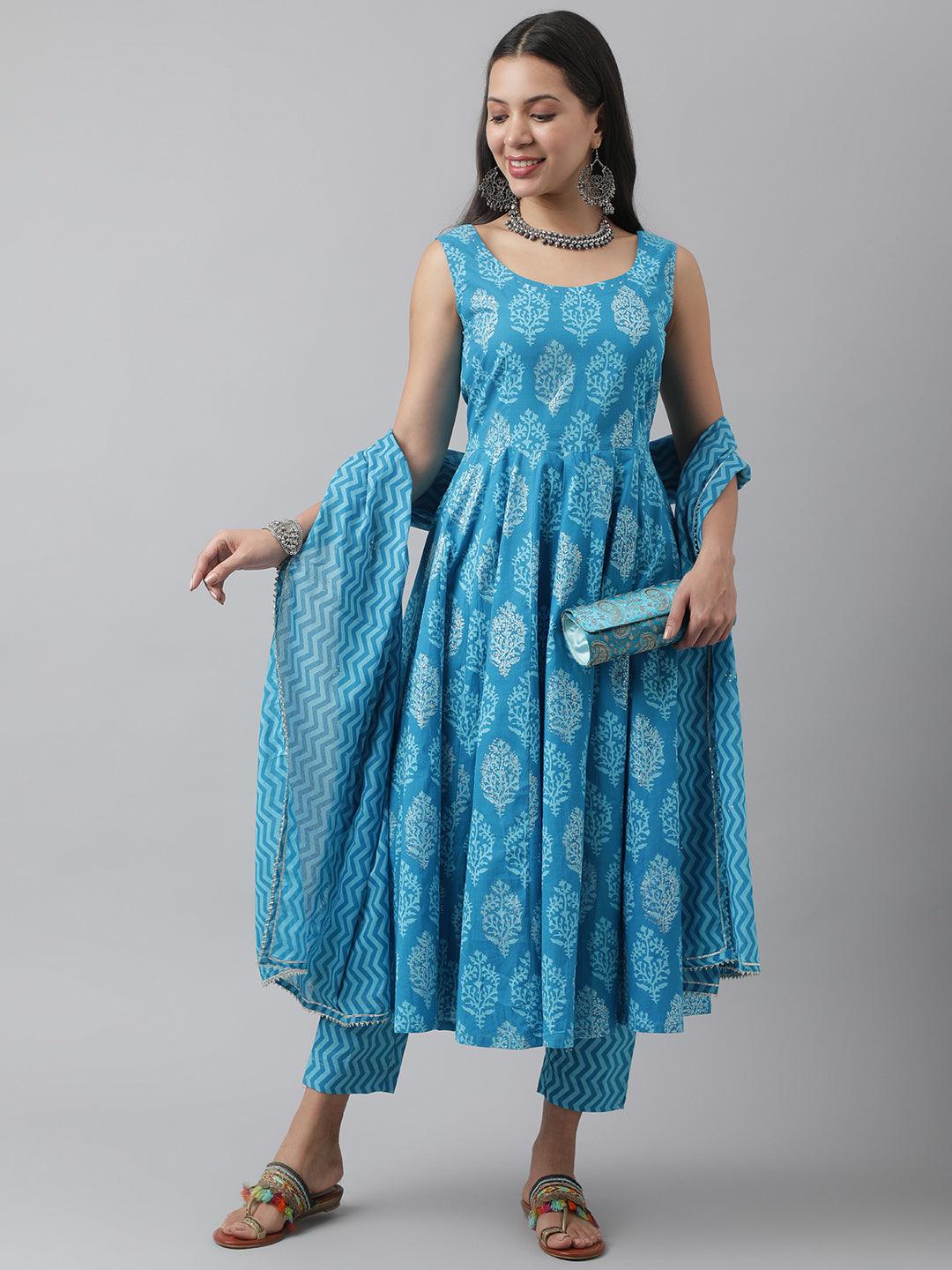 Divena Turquoise Blue Floral Cotton Anarkali Kurta Pant Set with Dupatta - divena world-Mohi