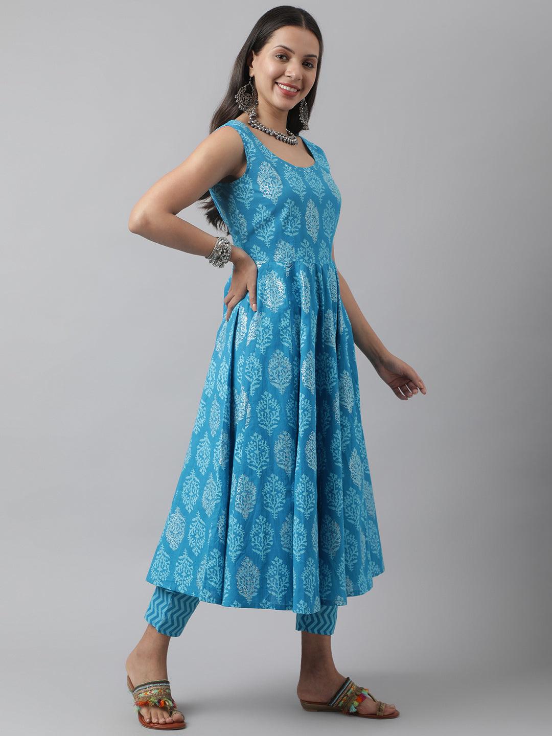 Divena Turquoise Blue Floral Cotton Anarkali Kurta Pant Set with Dupatta - divena world-Mohi