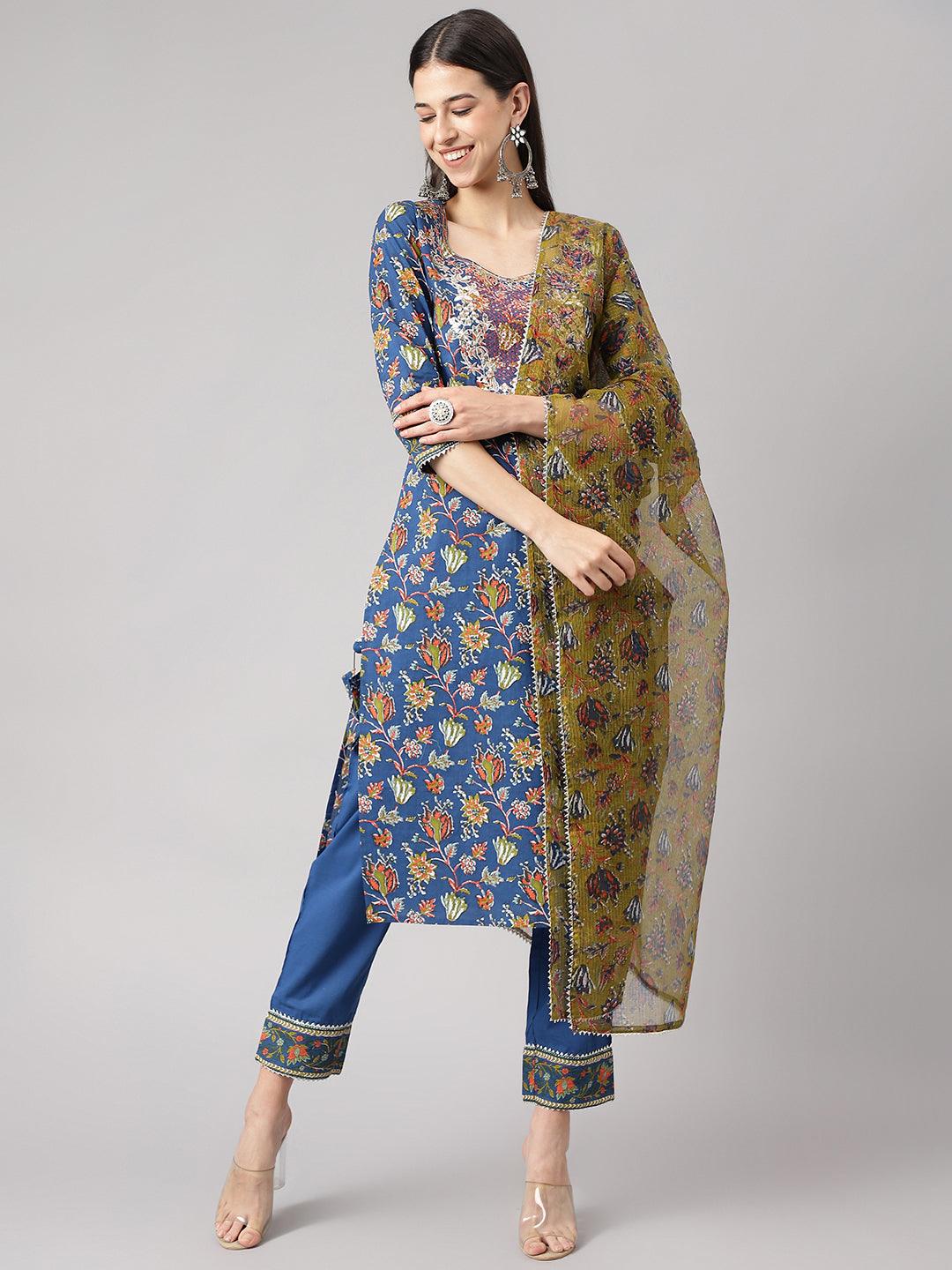 Divena Blue Floral Printed Kurta Pant Set with dupatta - divena world-Mohi