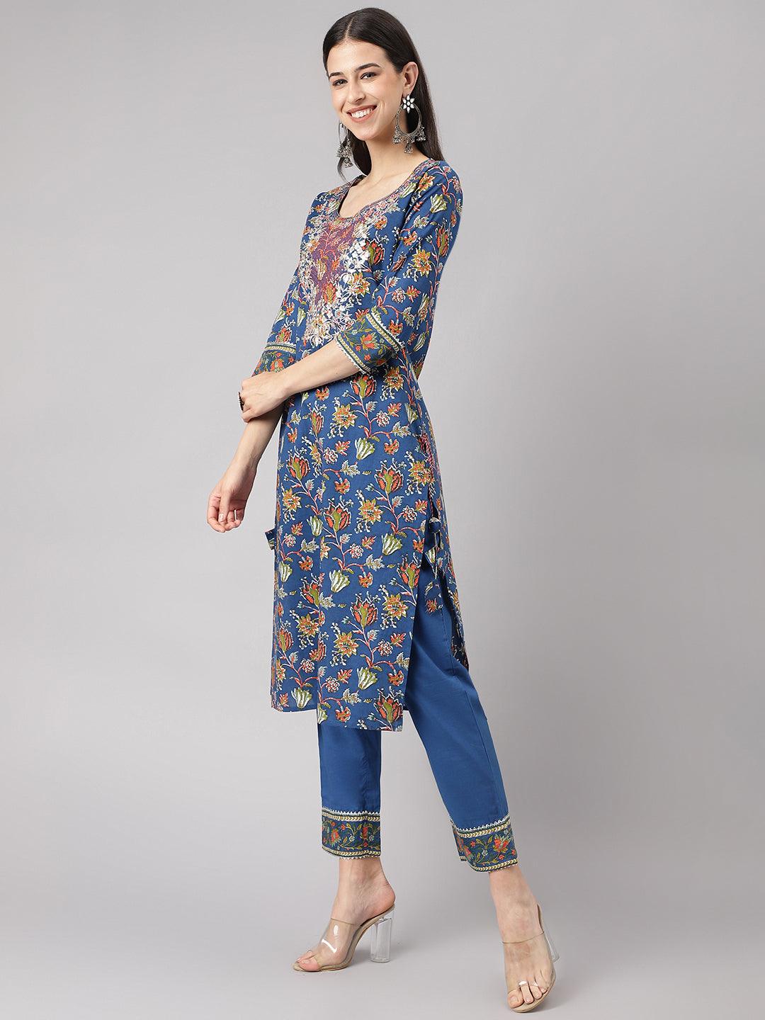 Divena Blue Floral Printed Kurta Pant Set with dupatta - divena world-Mohi