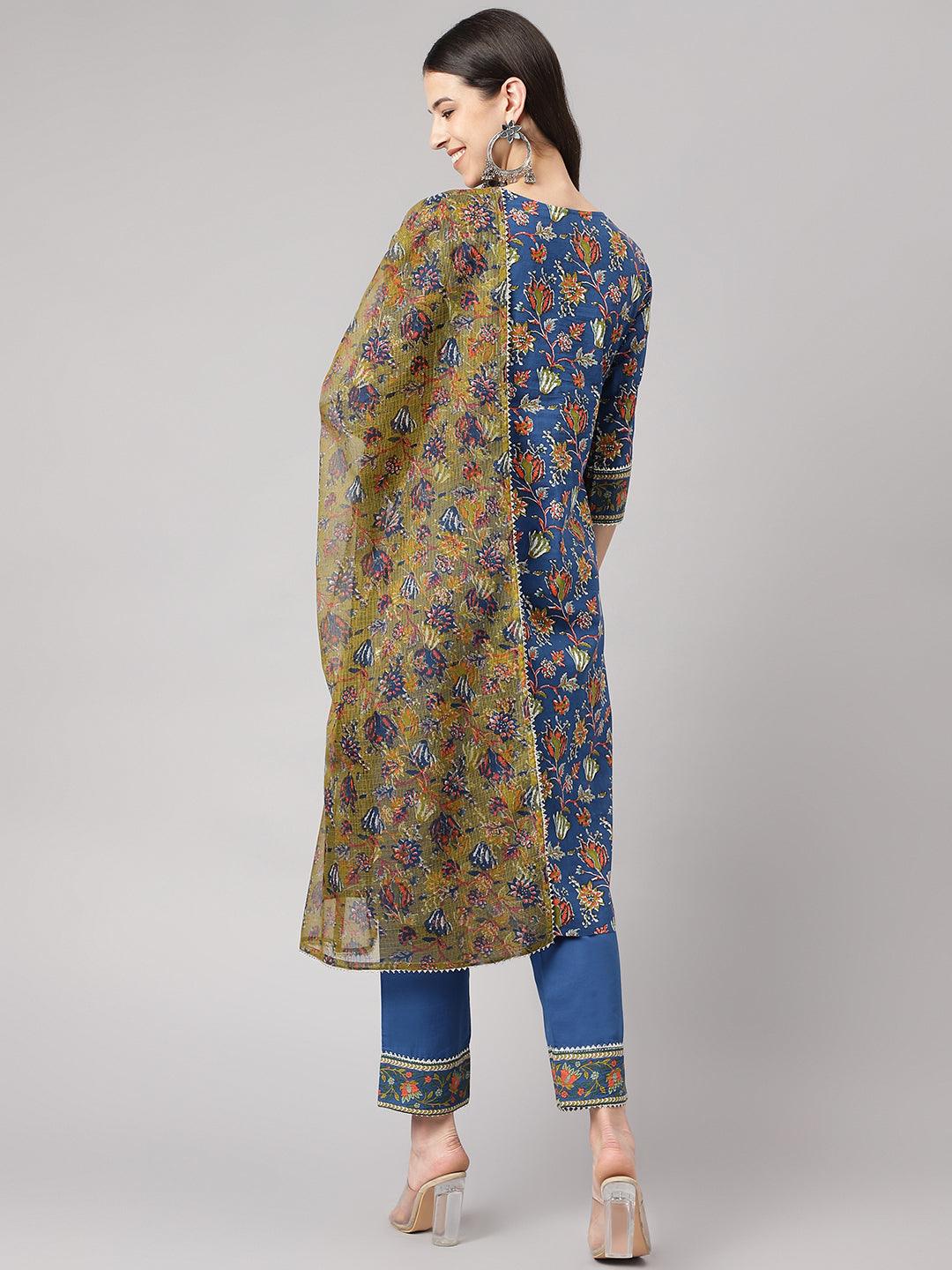 Divena Blue Floral Printed Kurta Pant Set with dupatta - divena world-Mohi