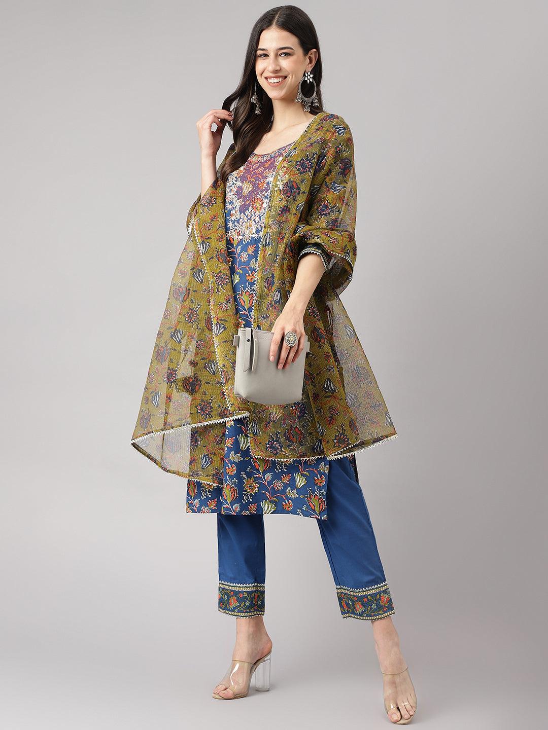 Divena Blue Floral Printed Kurta Pant Set with dupatta - divena world-Mohi