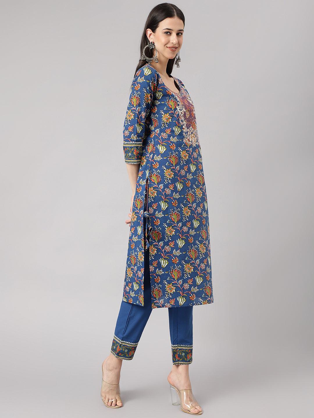 Divena Blue Floral Printed Kurta Pant Set with dupatta - divena world-Mohi