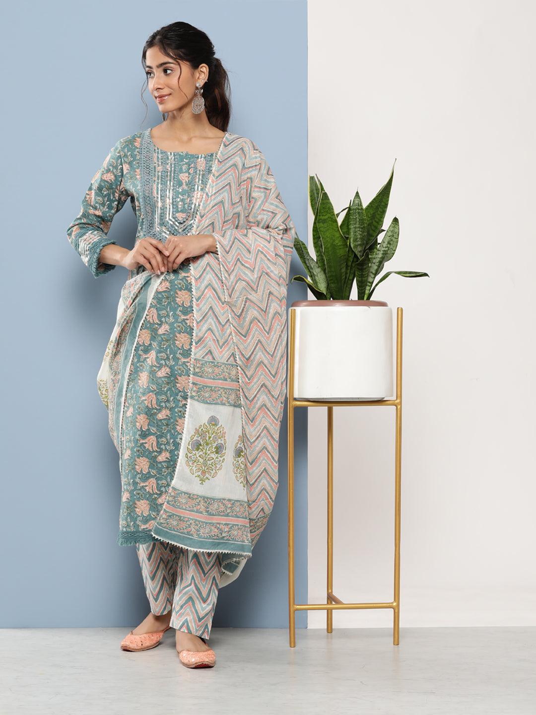 Divena Teal Blue Cotton Straight pant set with Dupatta - divena world-Mohi