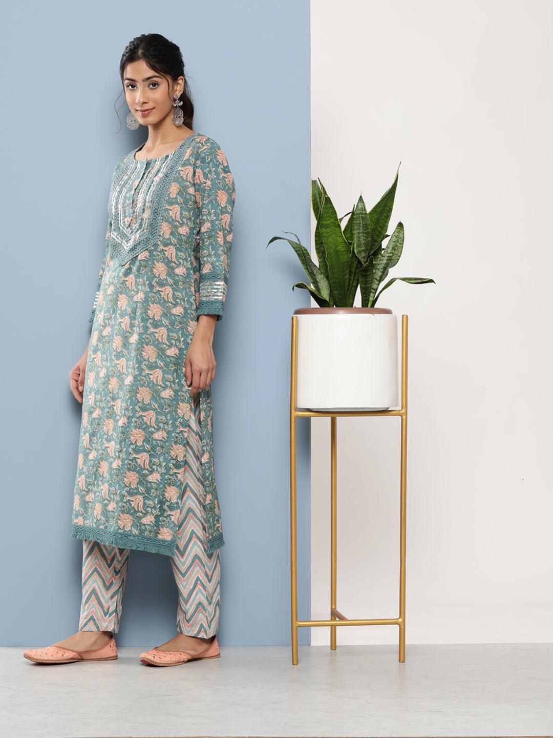 Divena Teal Blue Cotton Straight pant set with Dupatta - divena world-Mohi