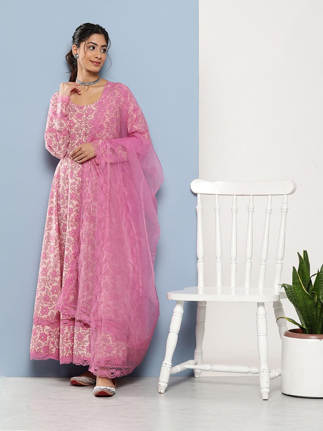 Lilac Floral Printed Anarkali Kurta With Dupatta