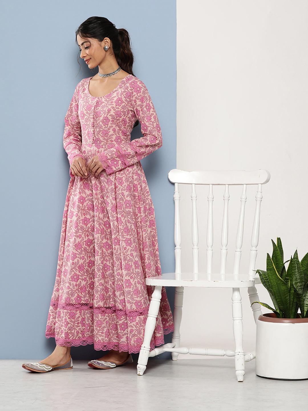 Lilac Floral Printed Anarkali Kurta With Dupatta