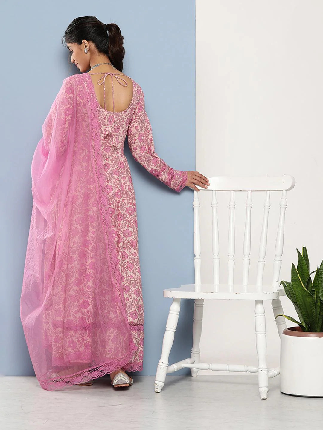 Lilac Floral Printed Anarkali Kurta With Dupatta