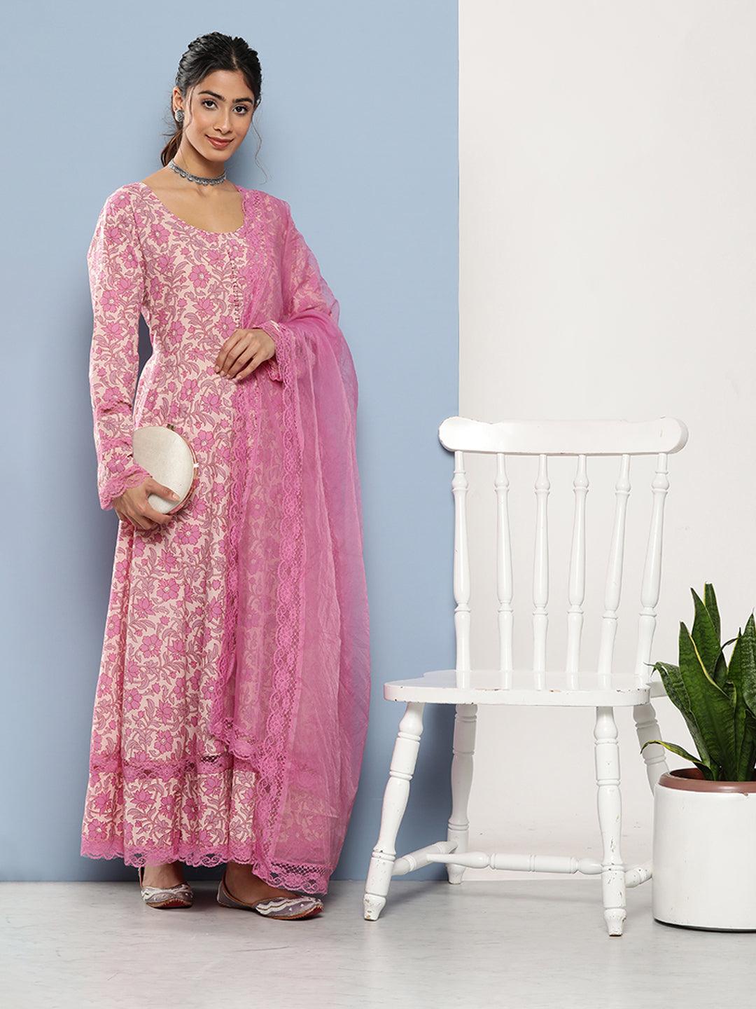 Lilac Floral Printed Anarkali Kurta With Dupatta