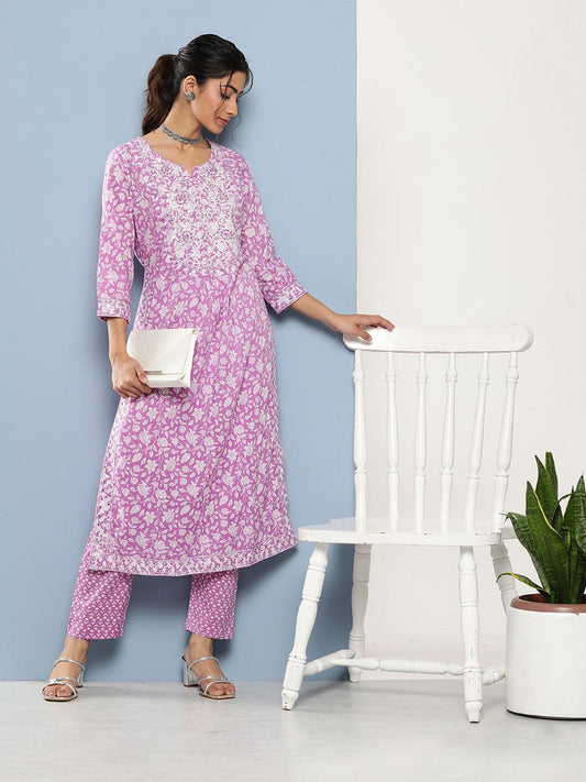 Divena Purple Gethered Floral Printed Kurta Pant Sets - divena world-Mohi