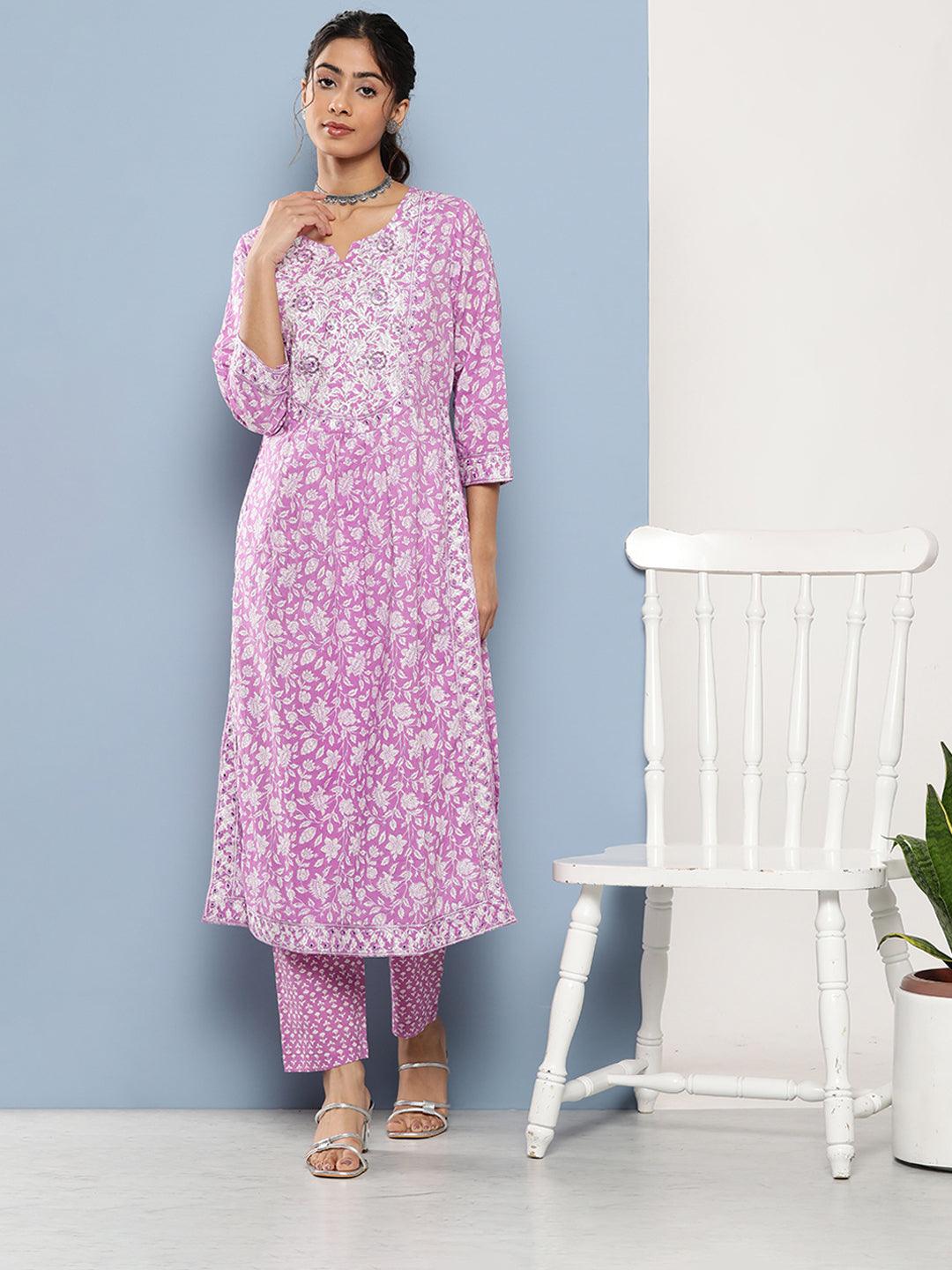 Divena Purple Gethered Floral Printed Kurta Pant Sets - divena world-Mohi