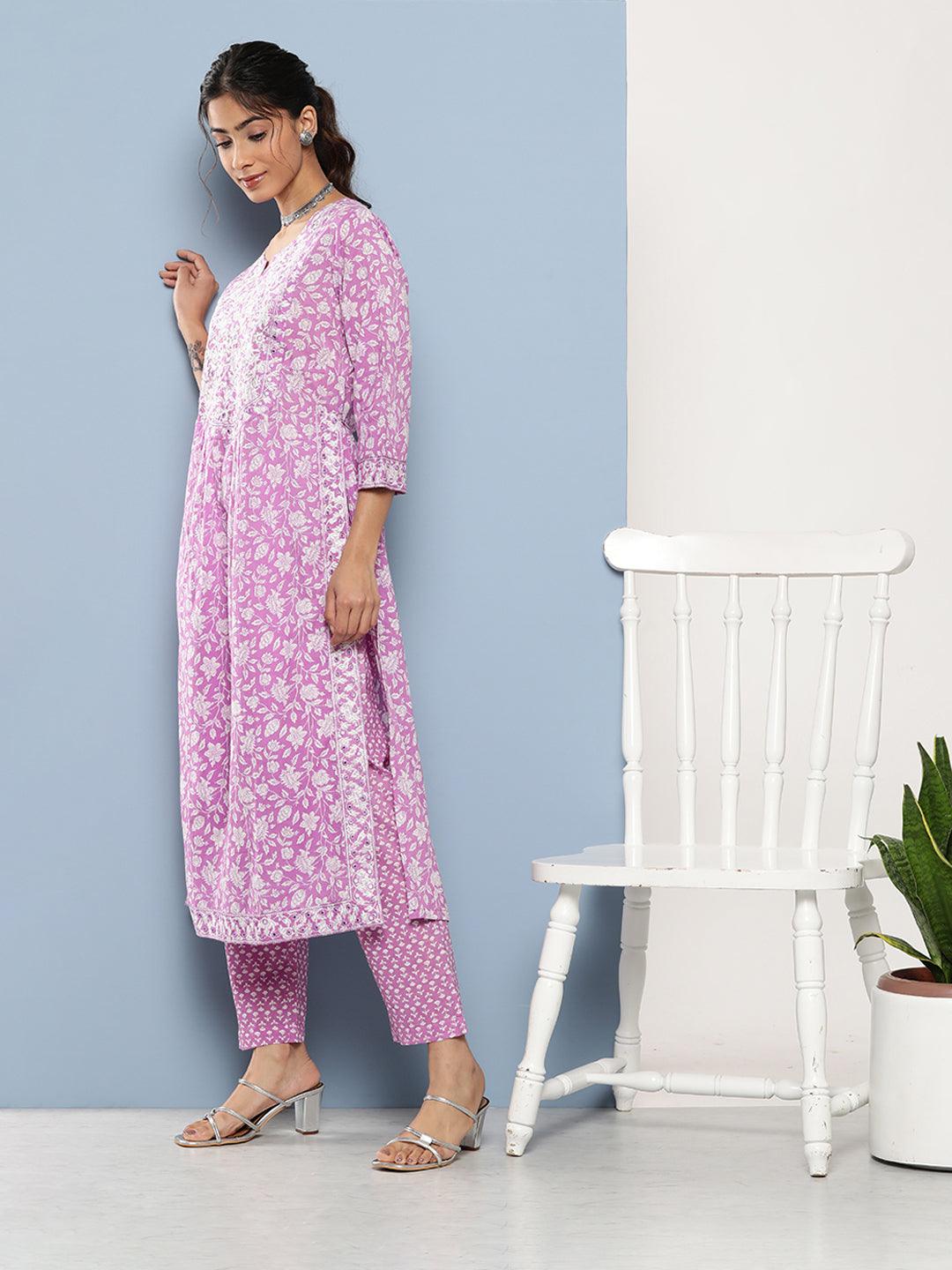 Divena Purple Gethered Floral Printed Kurta Pant Sets - divena world-Mohi