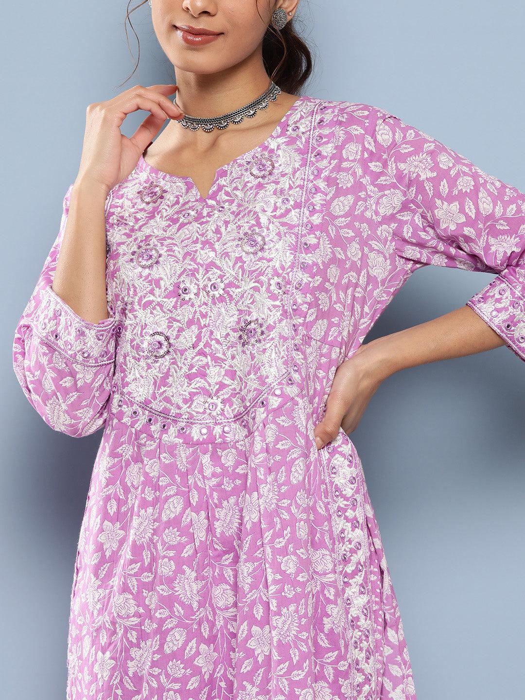 Divena Purple Gethered Floral Printed Kurta Pant Sets - divena world-Mohi