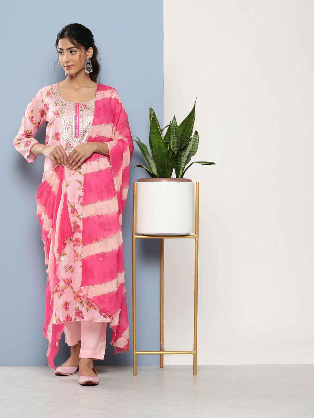 Divena Pink Kota Doria Floral Printed Kurta Pant Dupatta Sets - divena world-Mohi