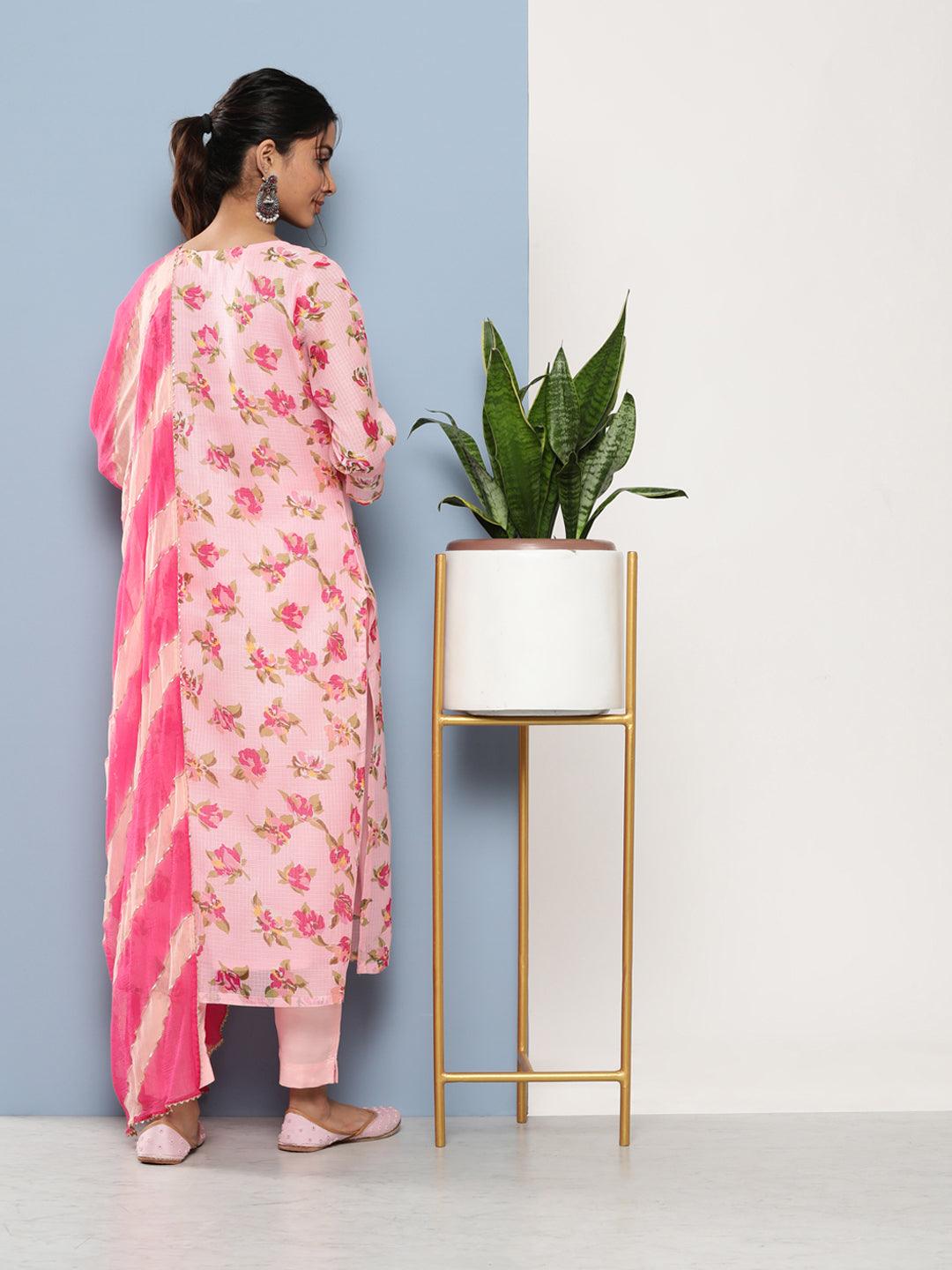 Divena Pink Kota Doria Floral Printed Kurta Pant Dupatta Sets - divena world-Mohi