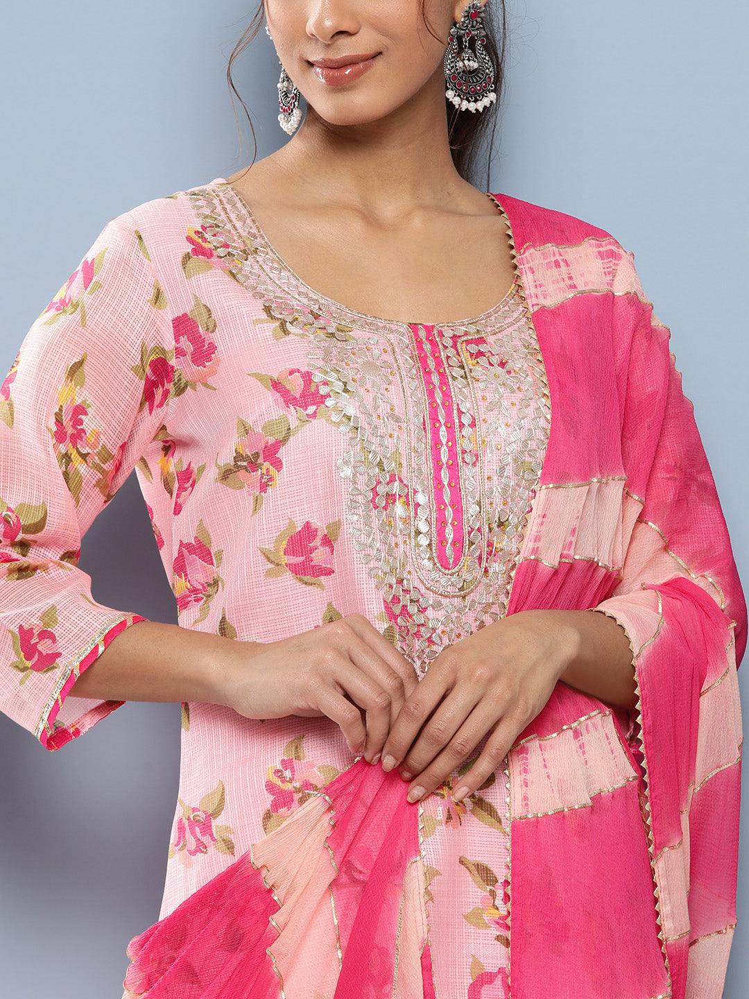 Divena Pink Kota Doria Floral Printed Kurta Pant Dupatta Sets - divena world-Mohi