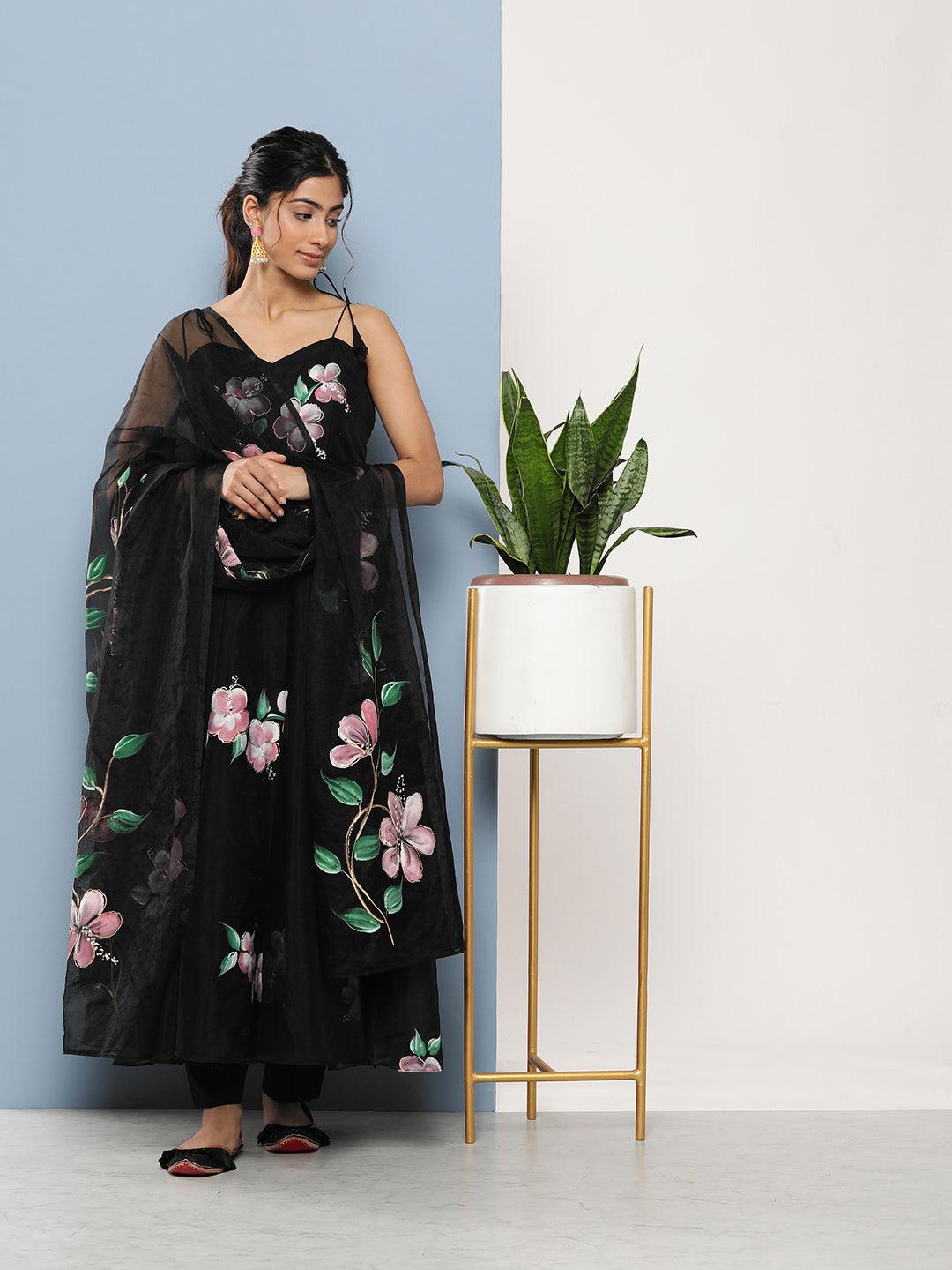 Divena Black Hand Painted Floral Organza Anarkali Kurta Pant Set with Dupatta - divena world-Mohi