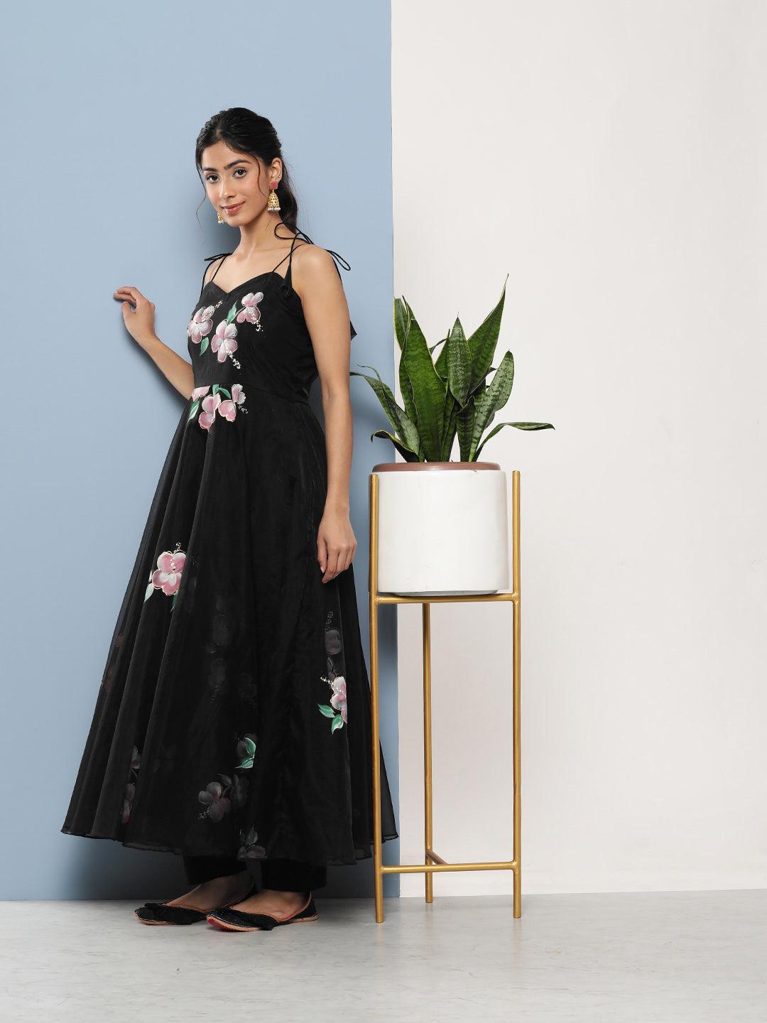 Divena Black Hand Painted Floral Organza Anarkali Kurta Pant Set with Dupatta - divena world-Mohi