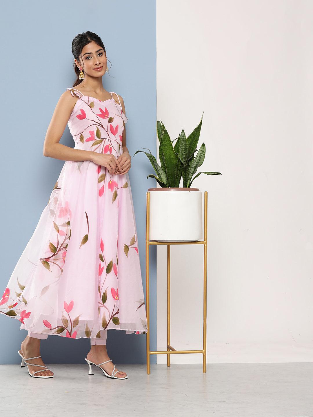 Divena Pink Hand Painted Floral Organza Anarkali Kurta Pant Set with Dupatta - divena world-Mohi