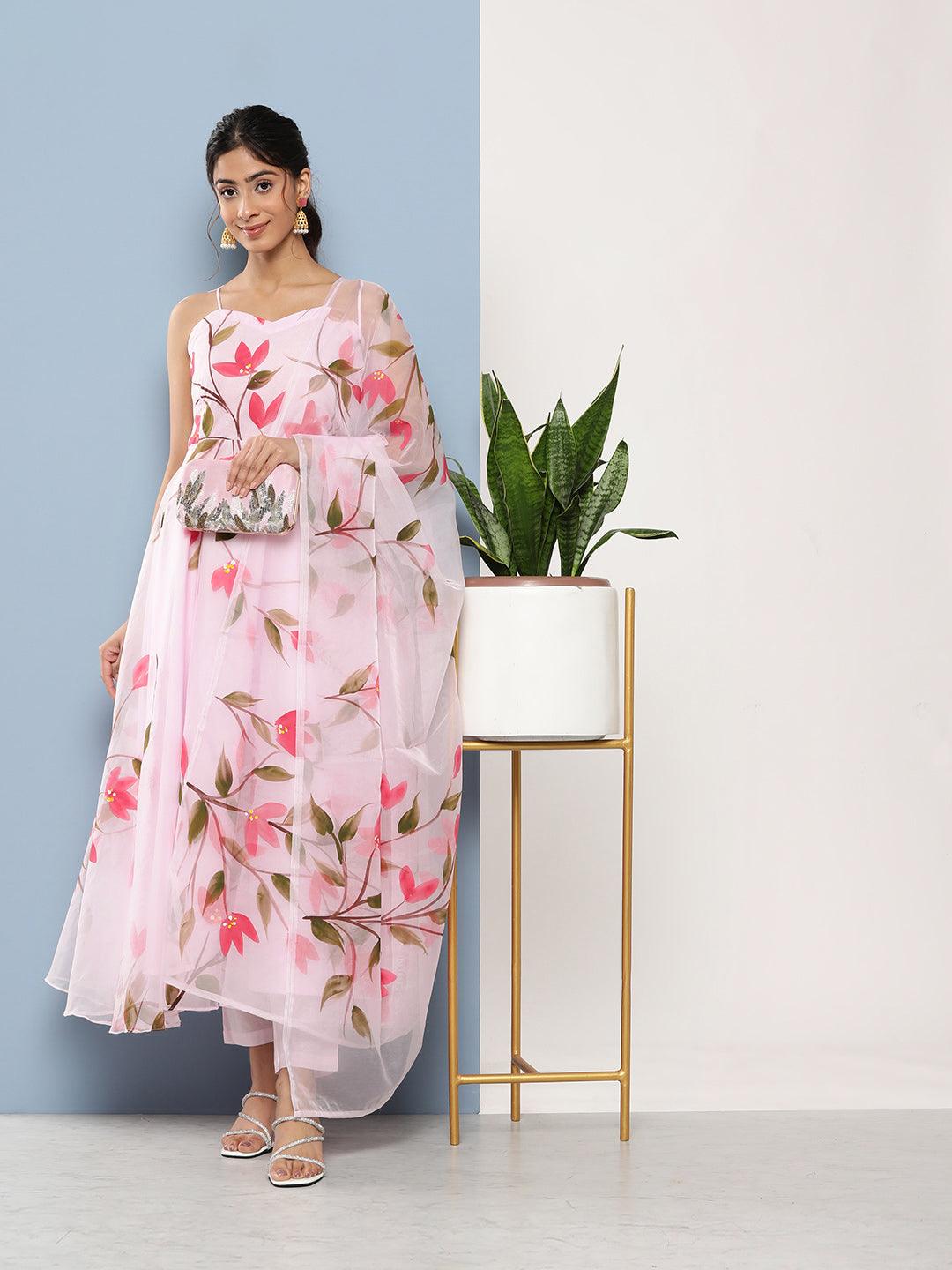 Divena Pink Hand Painted Floral Organza Anarkali Kurta Pant Set with Dupatta - divena world-Mohi