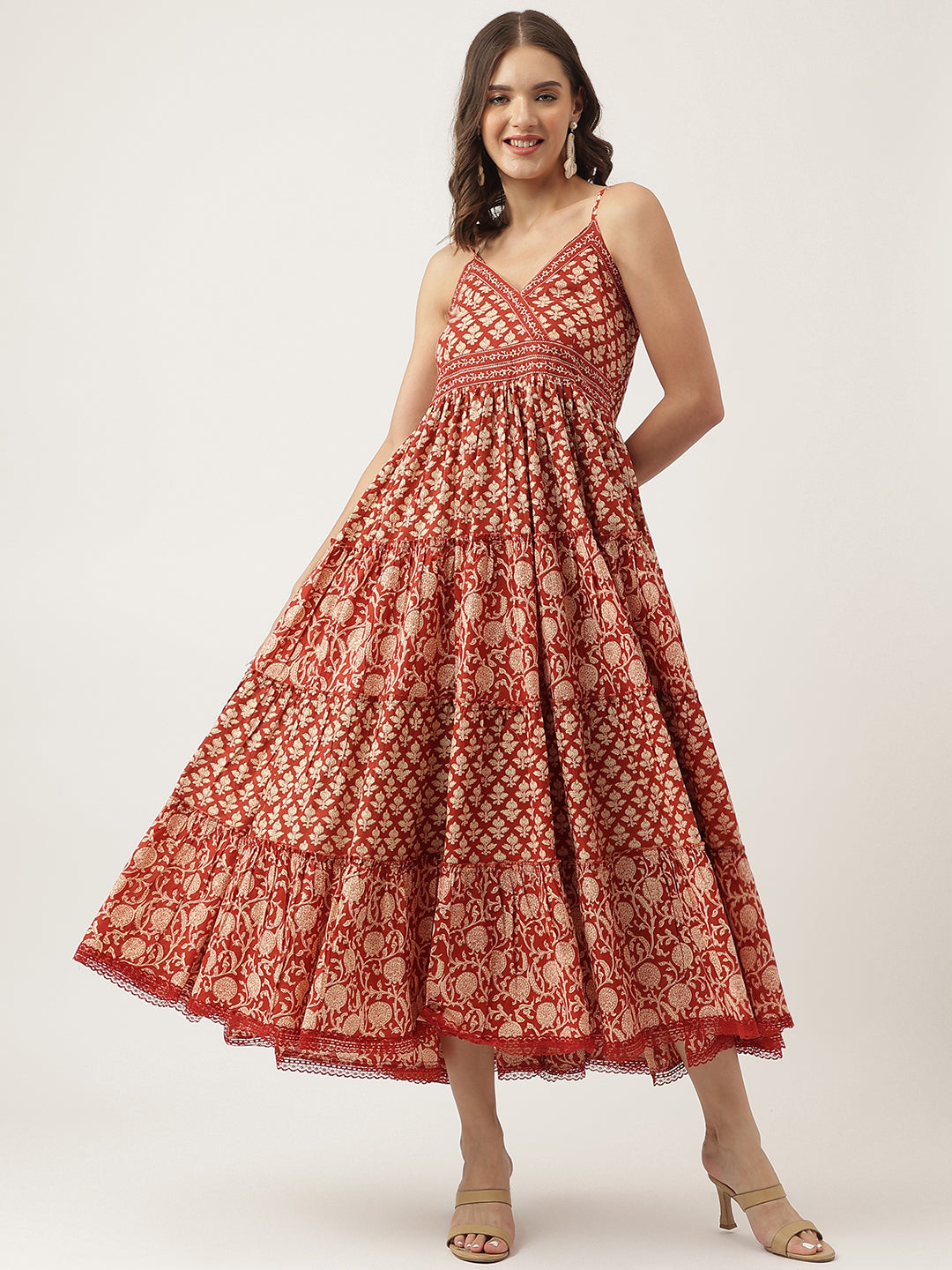 Maroon Floral printed Cotton Tiered Dress with Smoking Back