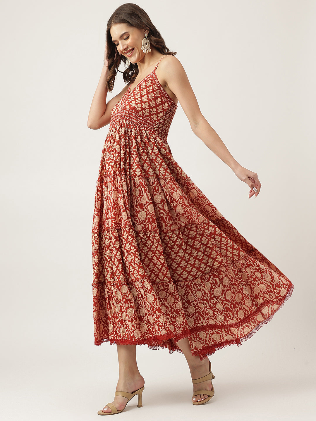 Maroon Floral printed Cotton Tiered Dress with Smoking Back