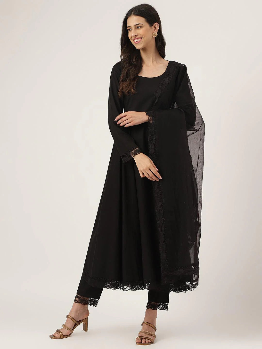 Black Solid Anarkali Kurta Pant Set With Dupatta