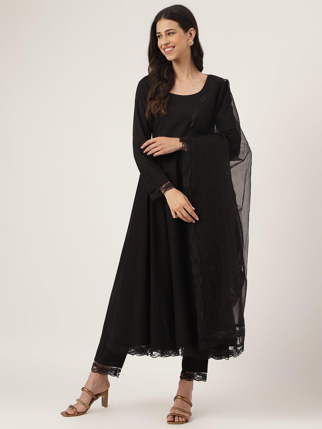 Divena Black Solid Anarkali Kurta Pant set with Dupatta - divena world-Mohi