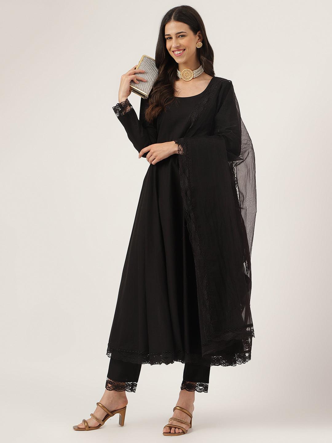 Divena Black Solid Anarkali Kurta Pant set with Dupatta - divena world-Mohi