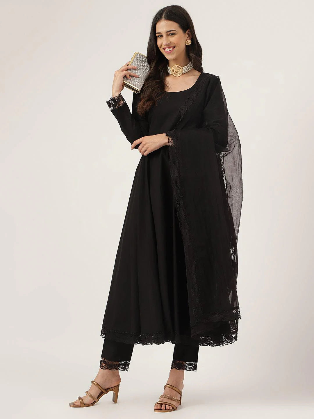 Black Solid Anarkali Kurta Pant Set With Dupatta