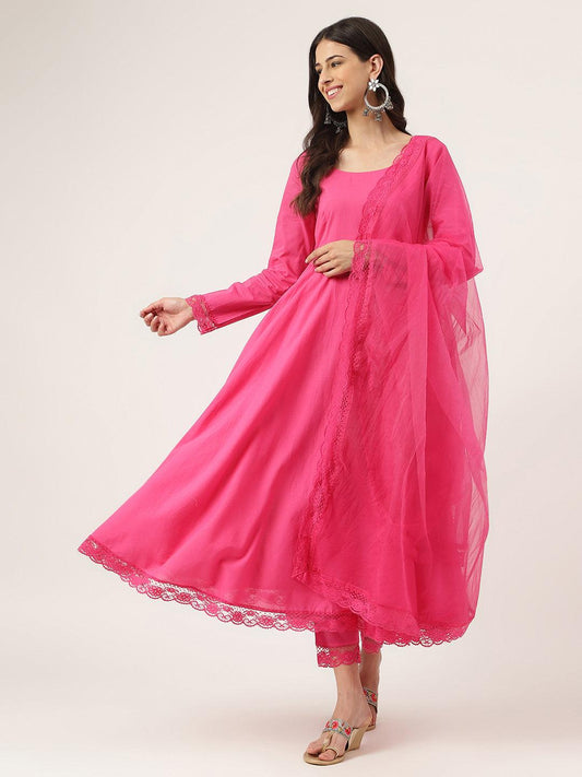 Divena Pink Solid Anarkali Kurta Pant set with Dupatta - divena world-Mohi