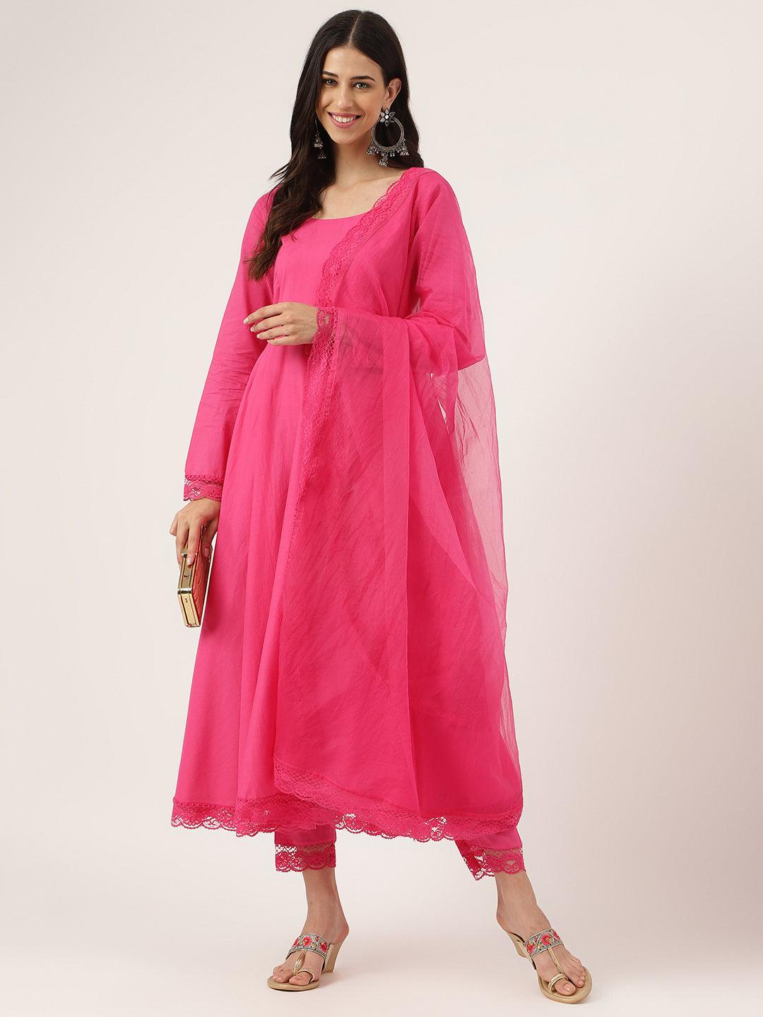 Divena Pink Solid Anarkali Kurta Pant set with Dupatta - divena world-Mohi