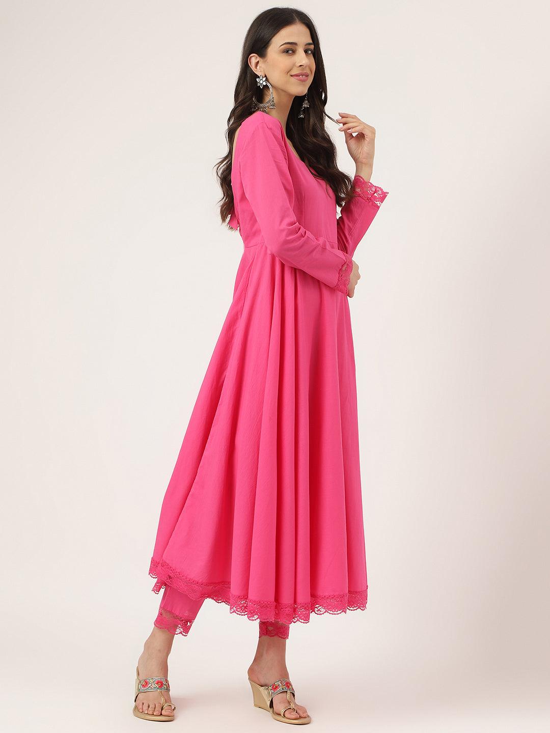 Divena Pink Solid Anarkali Kurta Pant set with Dupatta - divena world-Mohi